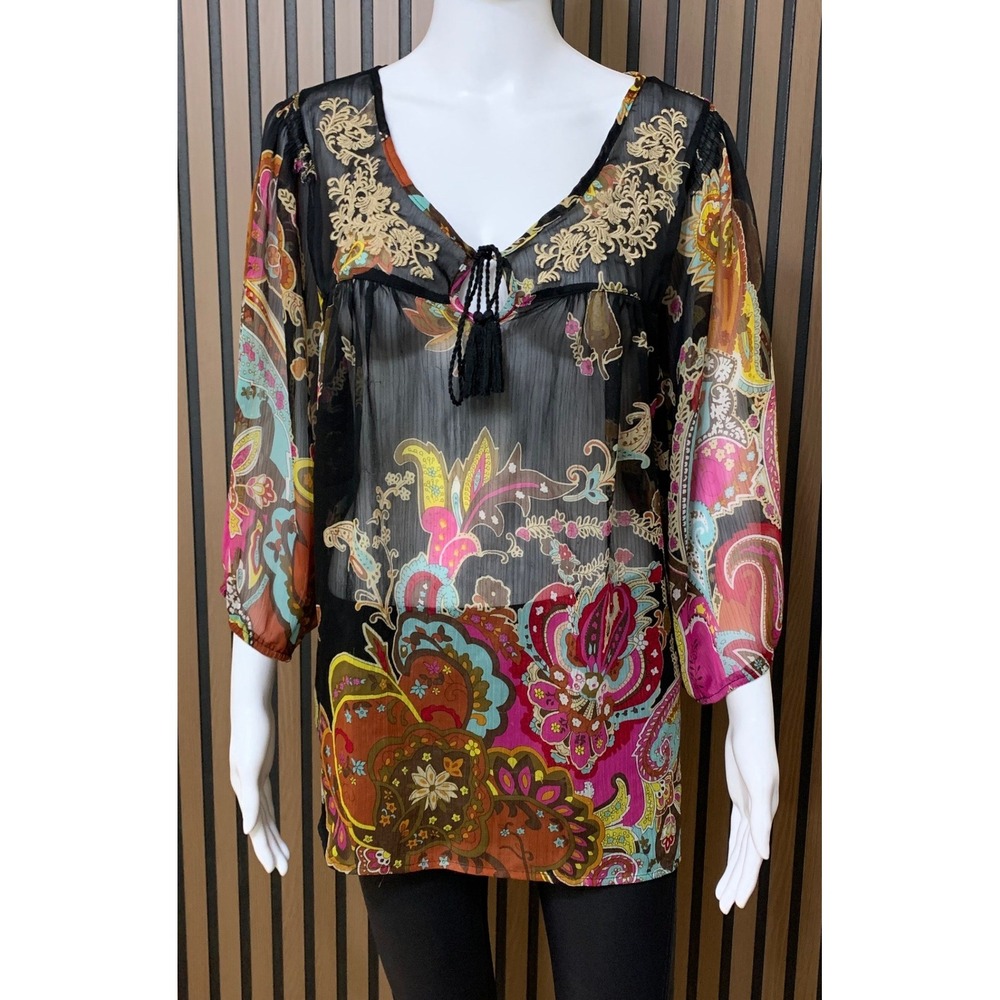 Oneworld Live and Let Live Women's Sheer Paisley Tunic Top Black Multi M